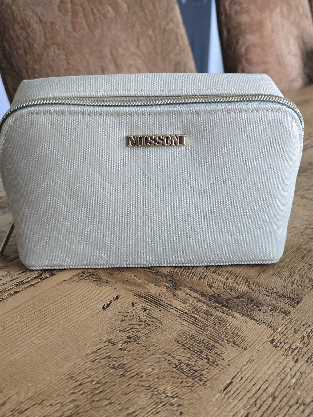 Missoni Cream Textured Cosmetic Case w/ Gold Logo Filled With Travel Essentials